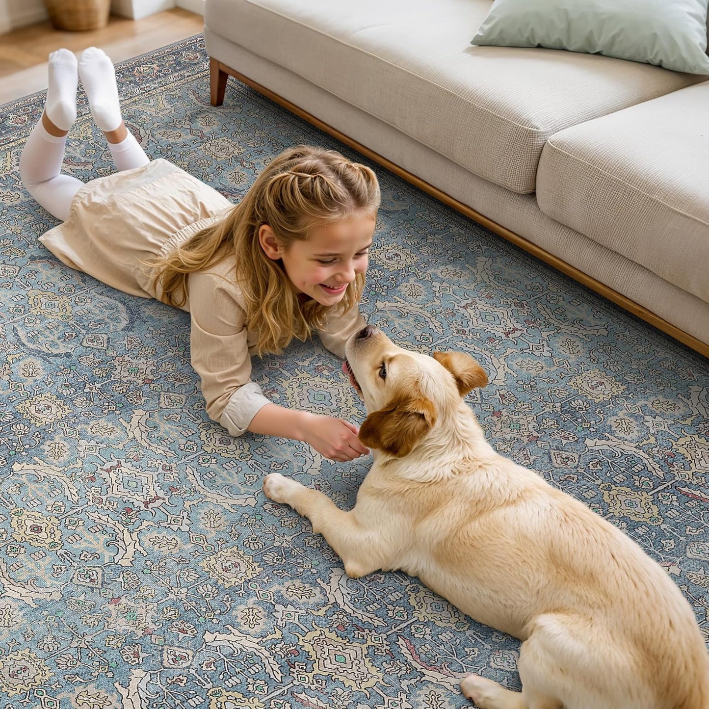 6X9 Area Rugs Machine Washable Rugs for Living Room, Vintage Boho Large Rugs for Bedroom Dining Room, Non Slip Indoor Soft Distressed Lightweight Thin Low Pile Carpet, Vintage Blue