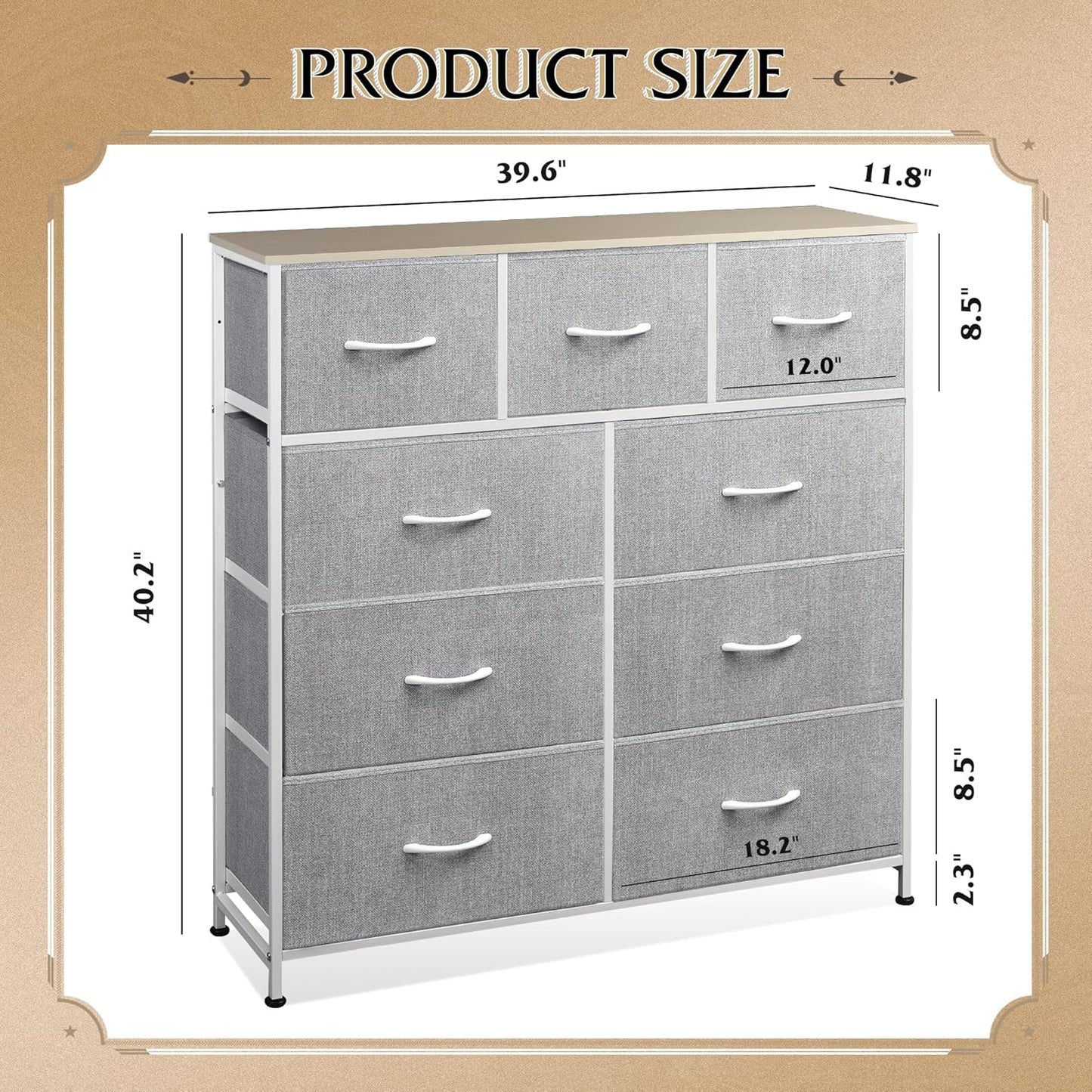 WLIVE 9-Drawer Dresser, Fabric Storage Tower for Bedroom, Hallway, Entryway, Closet, Tall Chest Organizer Unit with Fabric Bins, Steel Frame, Wood Top, Easy Pull Handle, Light Grey