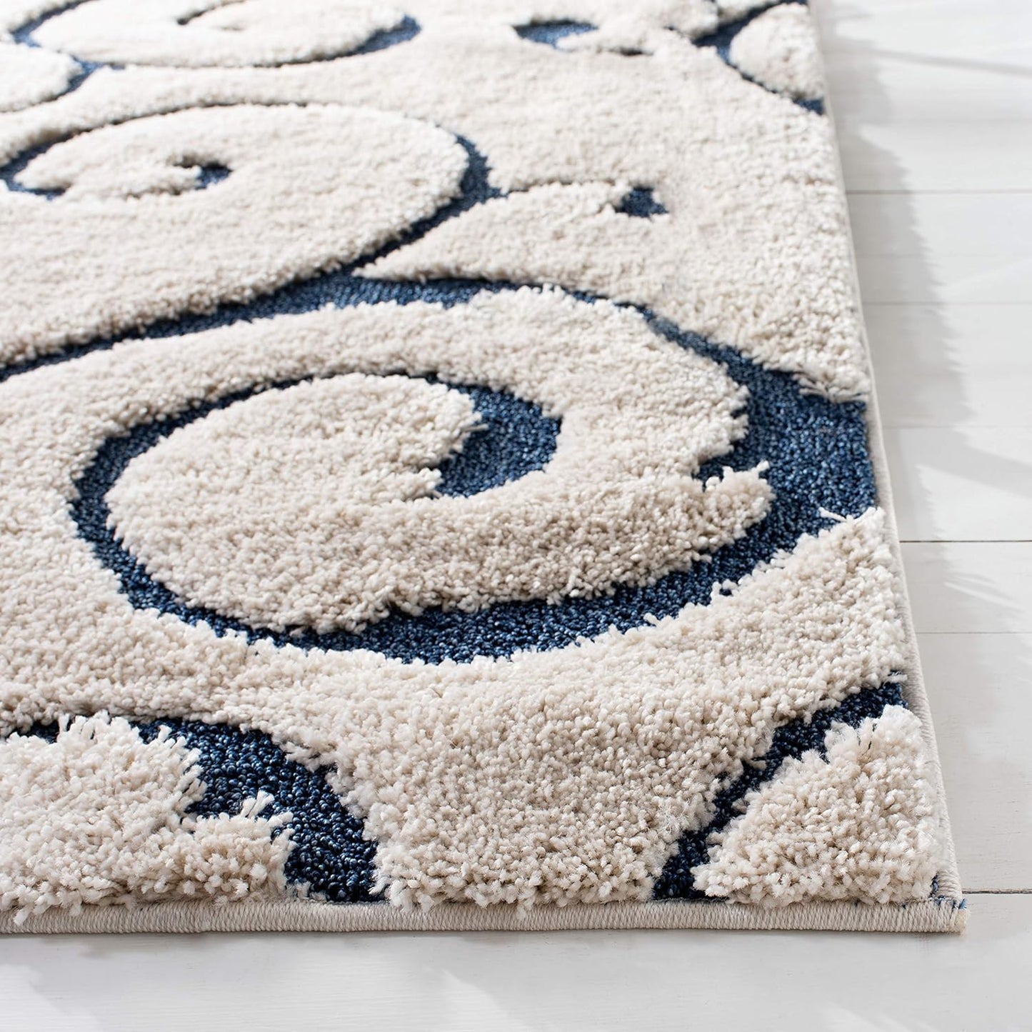 SAFAVIEH Florida Shag Collection Area Rug - 5' Square, Cream & Blue, Scroll Design, Non-Shedding & Easy Care, 1.2-inch Thick Ideal for High Traffic Areas in Living Room, Bedroom (SG455-1165)
