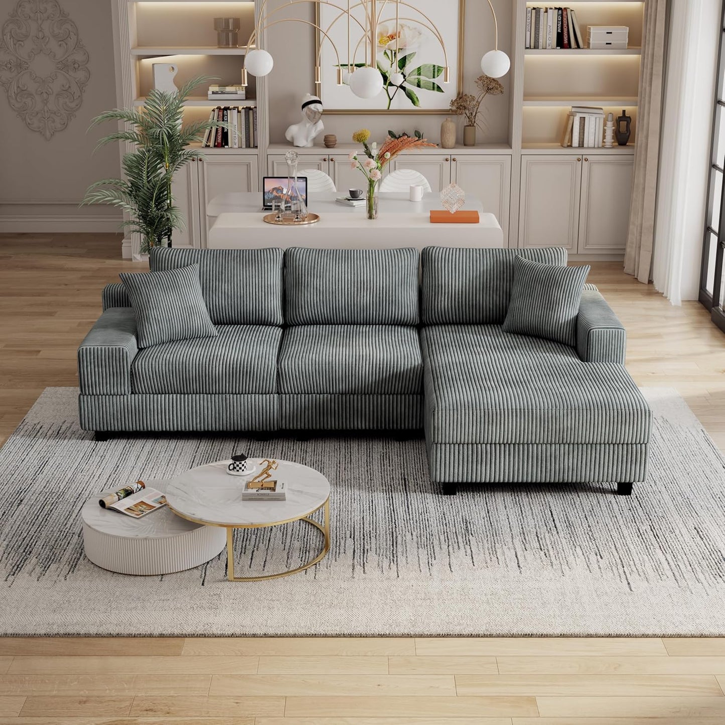 Eafurn Convertible L Shaped Modular Sectional Sofa Couch, 5 Seater Corduroy Upholstered Corner Sofa Lounge Couch with Extra Wide Reversible Chaise Lounge and Headrest for Living Room