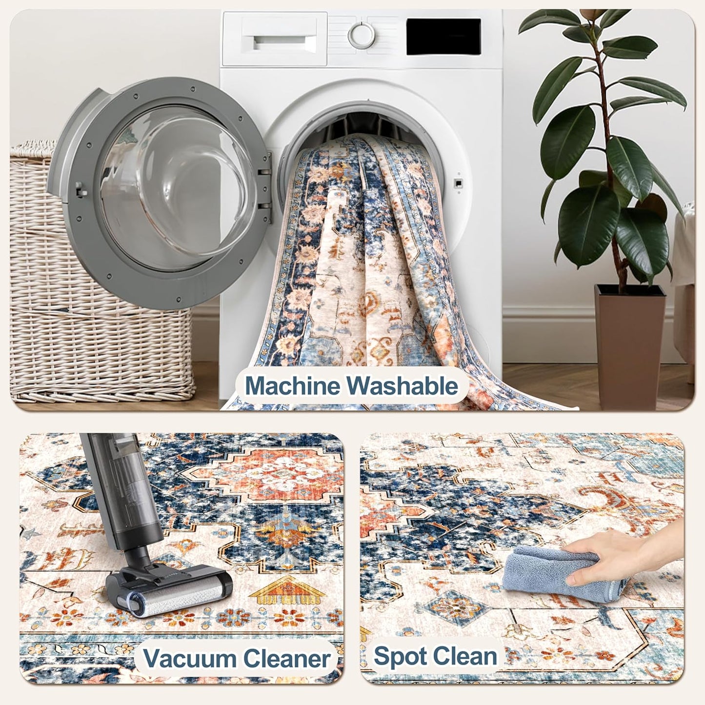 Tangsoo 2x5 Washable Runner Rug for Hallways, Non Slip Vintage Runner Rug, Soft Low Pile Long Print Distressed Blue/Orange for Kitchen Bedroom Entryway Bathroom Living Room