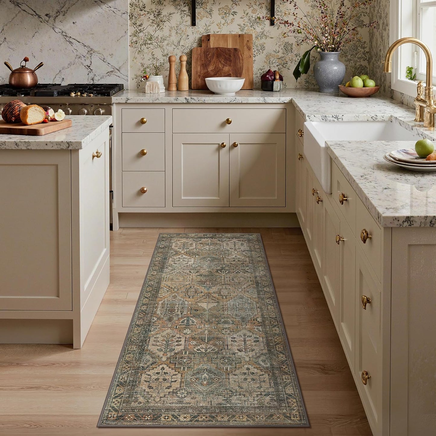 GENIMO 2x12 Runner Rugs for Hallway, Machine Washable Non Slip Vintage Rugs, Low Pile Lightweight Soft Print Rug for enrtyway, Corridor, Home Office, Kitchen, Warm Taupe