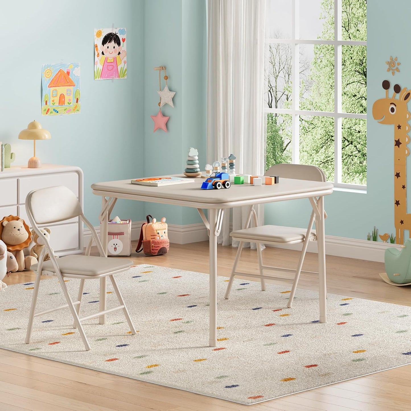 GarveeHome 3-Piece Kids Folding Table and Chairs Set, Toddlers Children's Activity Table and Chairs Set for Dining Room,Daycare,Classrooms
