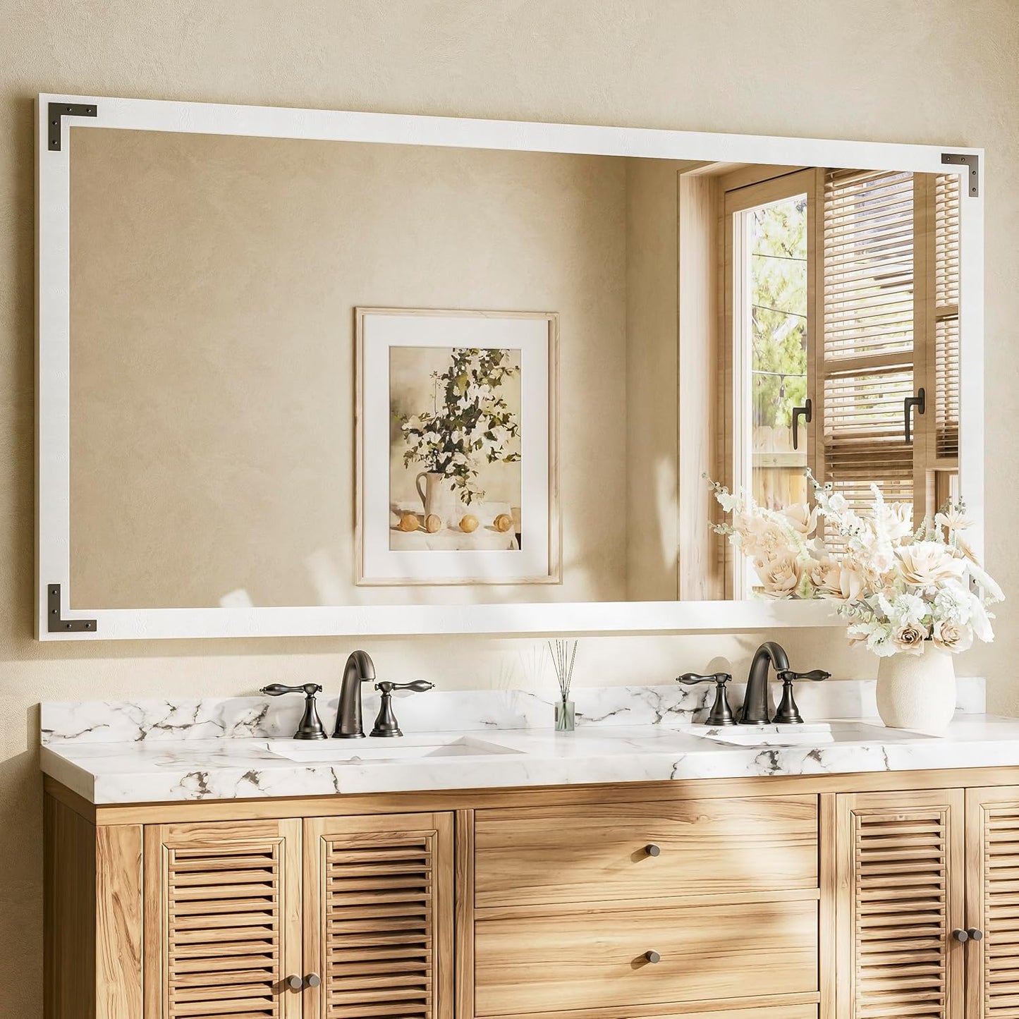 TETOTE 72 x 36 White Wooden Mirror for Bathroom Wall/Bedroom/Living Room/Entryway Farmhouse Rustic Bathroom Vanity Mirror for Wall Waterproof (Horizontal/Vertical Mounted)