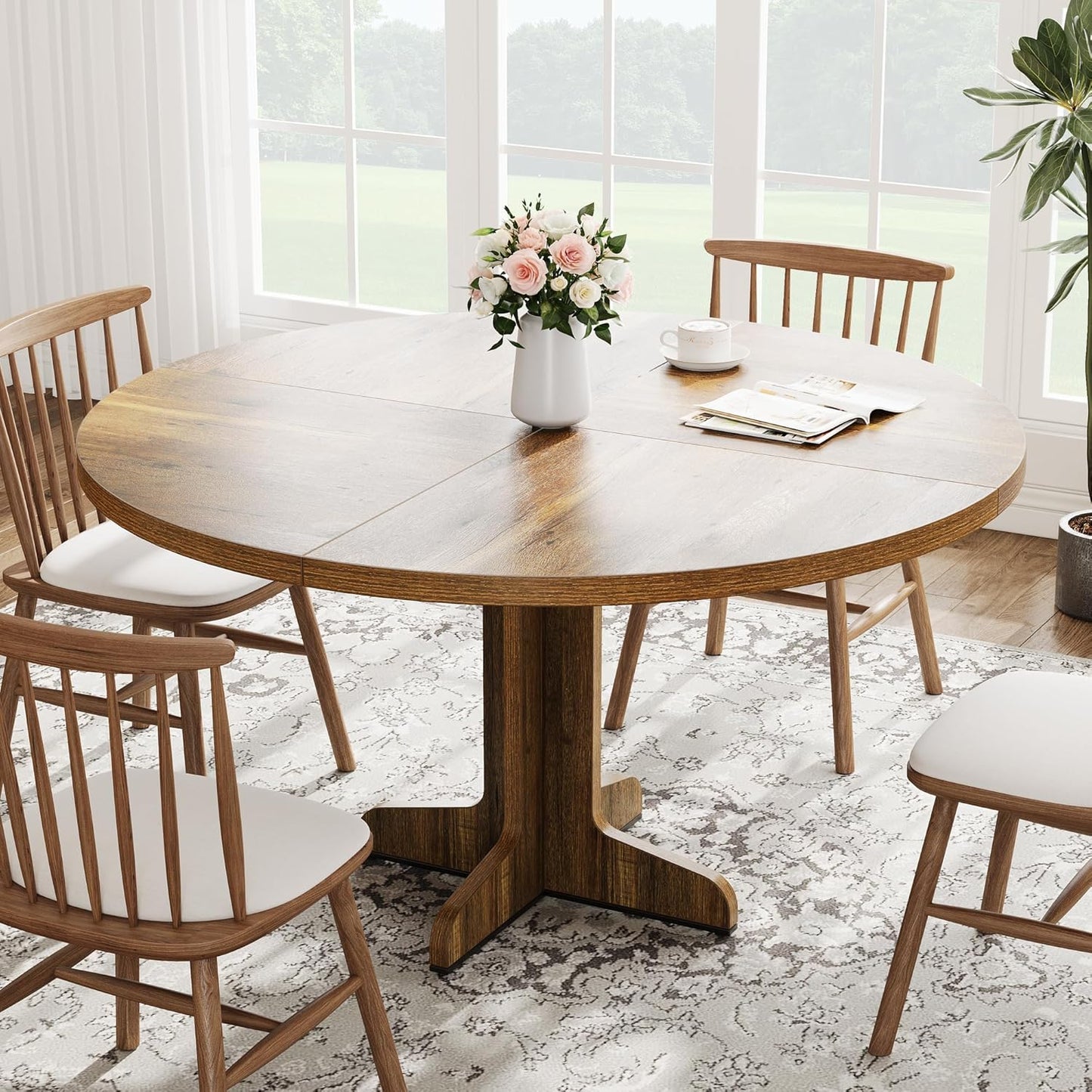 GarveeHome Round Dining Table for 4, 47 Inch Farmhouse Circle Kitchen Table with Wood Tabletop and Stable Base, for Home Dining Room Living Room, Brown (Only Table)