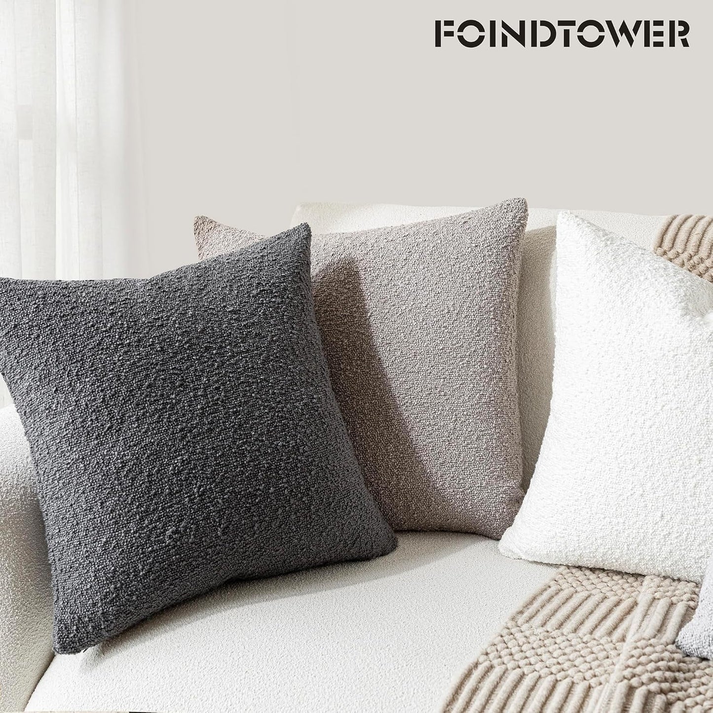Foindtower Set of 2, Decorative Textured Boucle Throw Pillow Covers Accent Solid Pillow Cases Soft Cozy Couch Cushion Case for Chair Sofa Bedroom Living Room Home Decor 16 x 16 Inch Neutral Grey