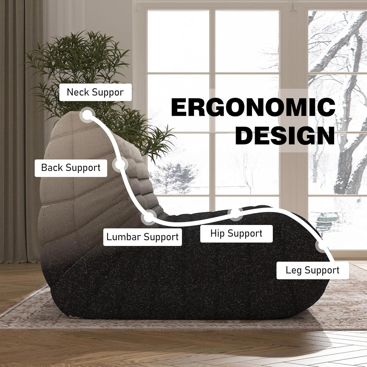 Bean Bag Chair, Loveseat Fireside Chair Bean Bag Sofa Large Bean Bag Chair for Adults, 2 Seater Bean Bag Chairs for Teens with High Density Comfortable Foam, Bean Bag for Living Room (Black&White)