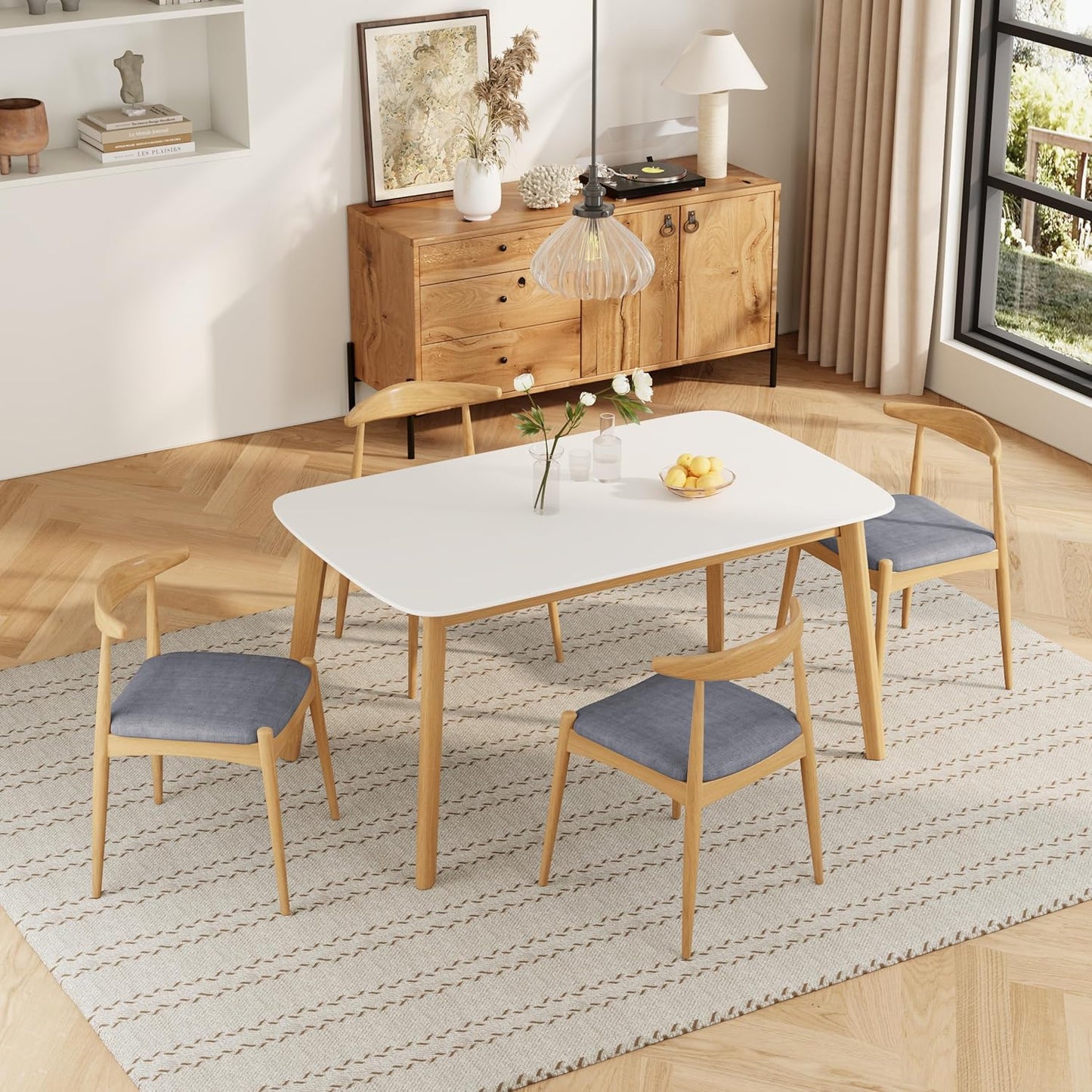 5-Piece Dining Set, Mid-Century Modern Solid Wood Table & Chair Set for 4, Kitchen, Dining Room, Restaurant, Natural Oak+Gray