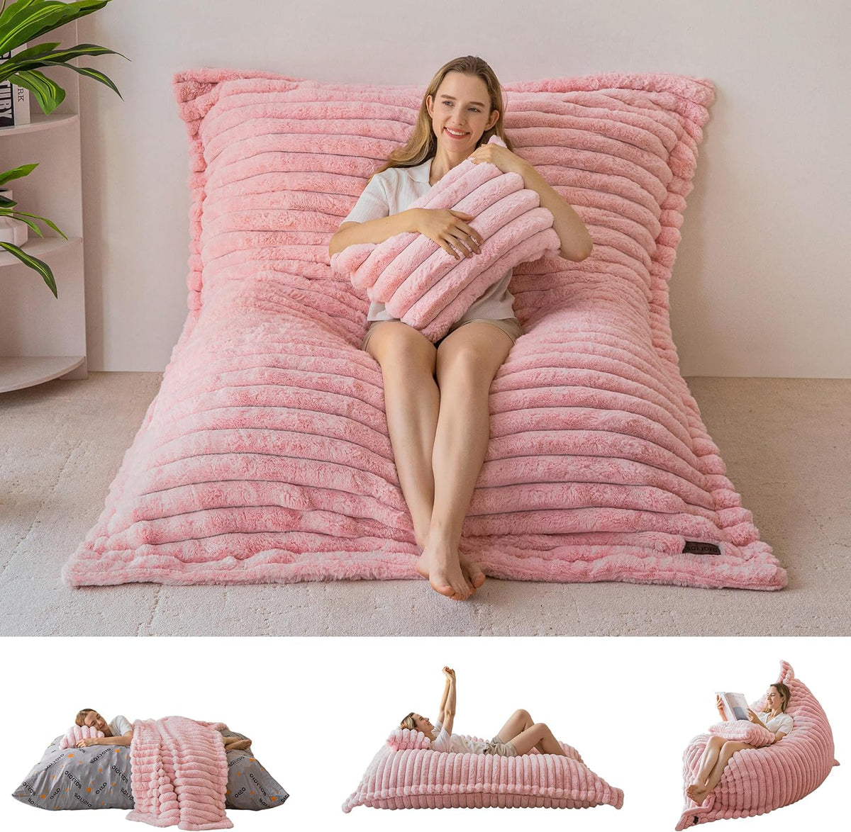MAXYOYO Giant Bean Bag Chair with Pillow, 3 in 1 Convertible Bean Bag Chair for Adults with Washable Cover, Removable Floor Cushion Stuffed Floor Lounger for Living Room Bedroom, Pink