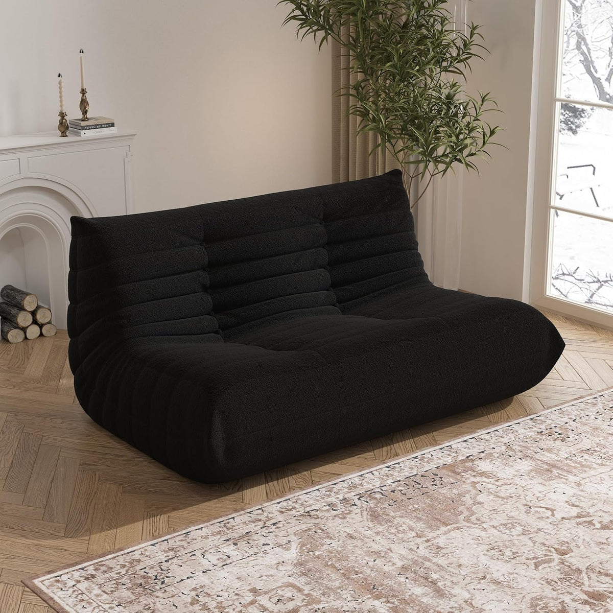 Bean Bag Chair, Loveseat Fireside Chair Bean Bag Sofa Large Bean Bag Chair for Adults, 2 Seater Bean Bag Chairs for Teens with High Density Comfortable Foam, Bean Bag for Living Room, Bedroom (Black)