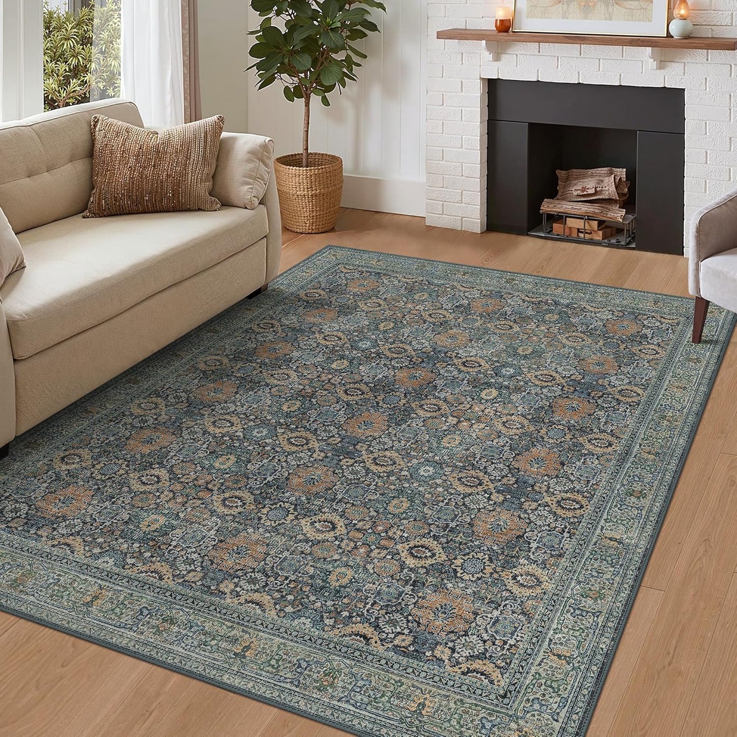 8X10 Area Rugs Machine Washable Rugs for Living Room, Vintage Boho Large Rugs for Bedroom Dining Room, Non Slip Indoor Soft Distressed Lightweight Thin Low Pile Carpet, Beige Blue Grey
