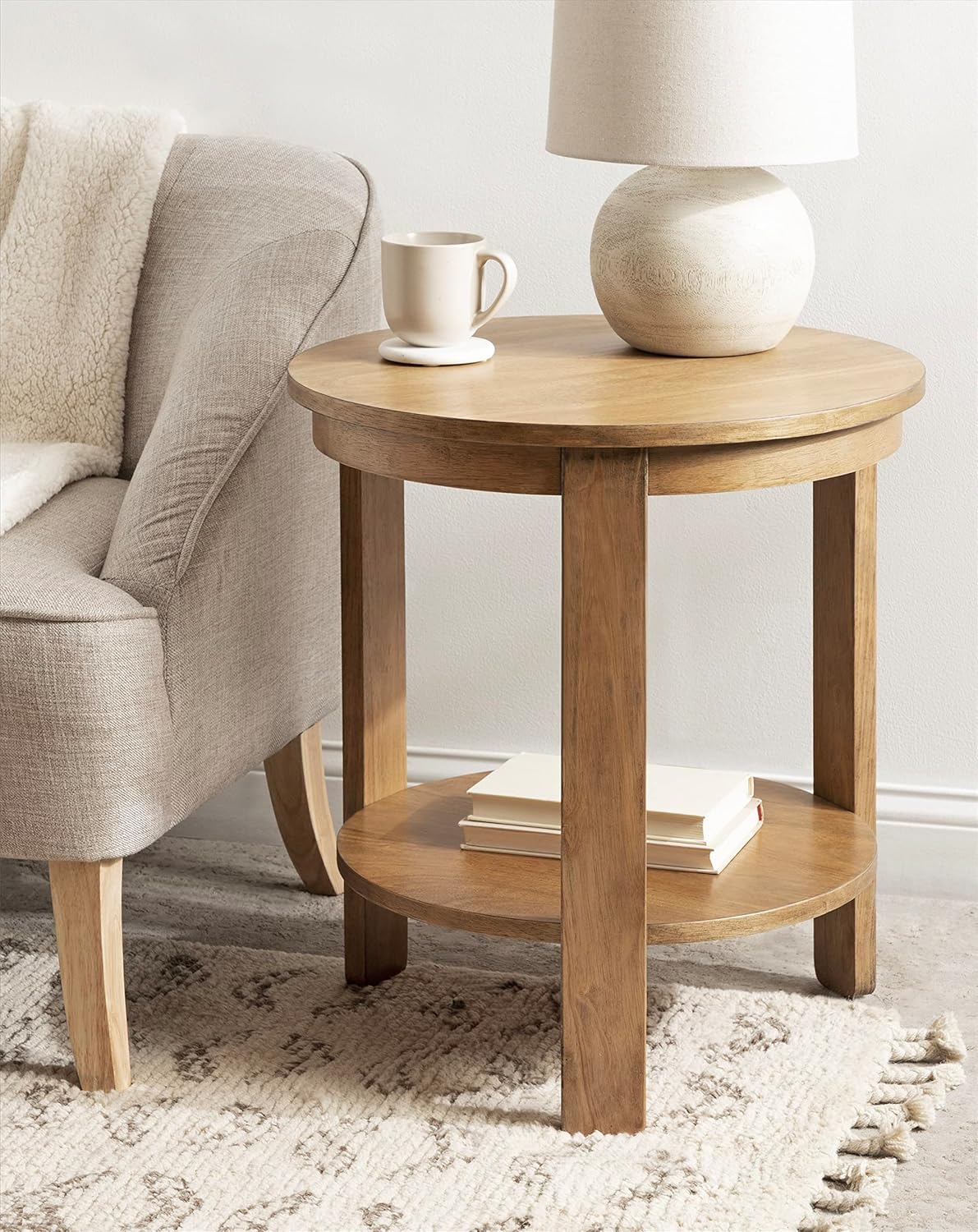 Kate and Laurel Foxford Tiered Round Side Table; 22 x 22 x 24; Natural Brown; Transitional Two-Tier Circle Nightstand Table with Storage and Resilient Wood Construction for Bedroom Decor