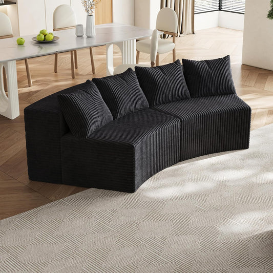 KEIKI Corduroy Curved Sectional Sofa, 2 Seater Symmetrical Modular Semi Circular Couch, Deep Seat Tufted Corner Sofa for Living Room, Lobby, Black