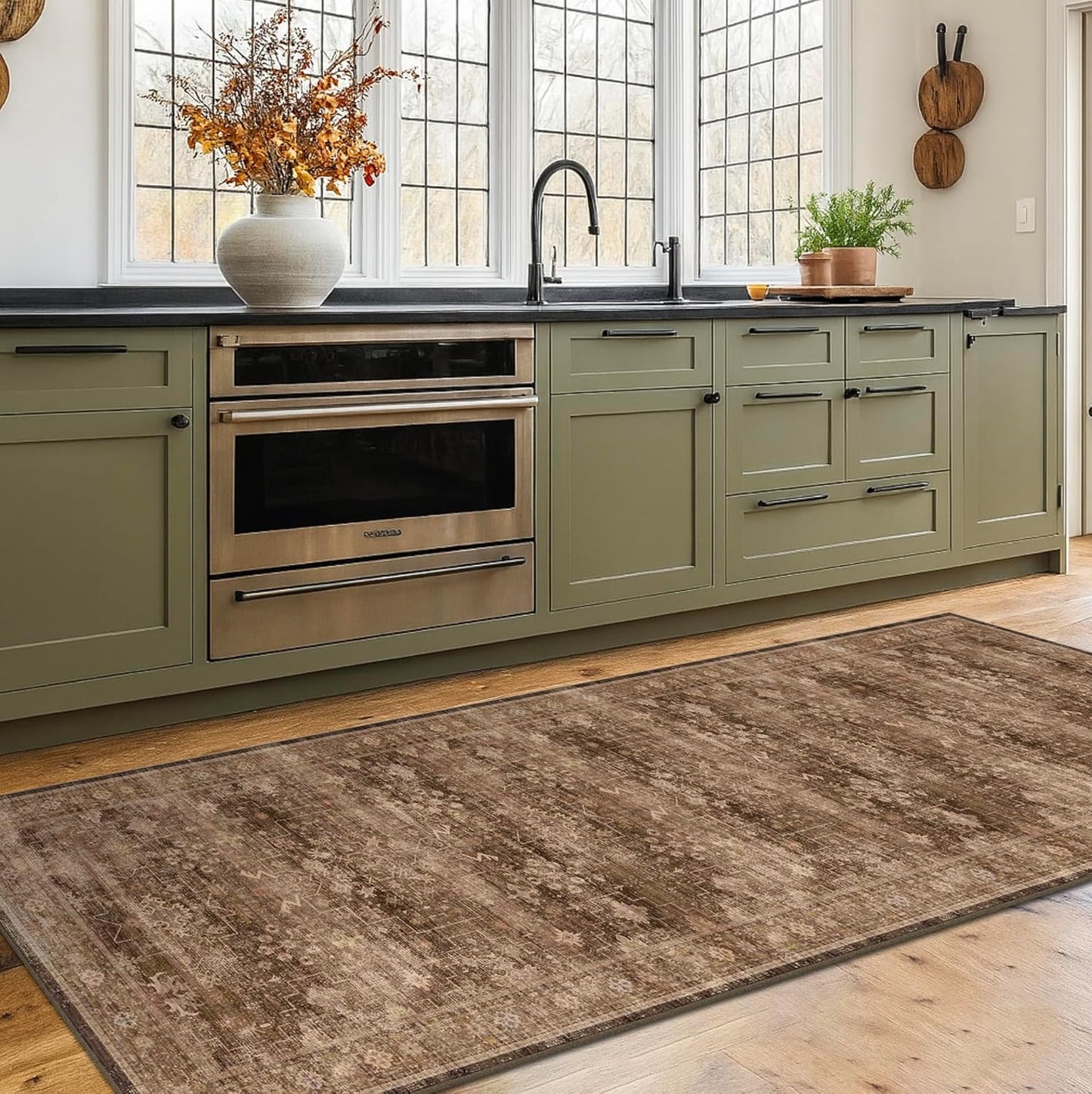 Brown Boho Washable 2x7 Runner Rugs for Hallway Kitchen Bedroom Beside Laundry Room Bathroom Rug, Pet & Kids Friendly, Non Slip Low Pile Stain Resistant Soft Faux Wool Long Dark Earthy Floor Carpet