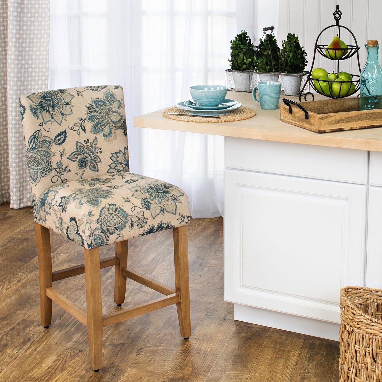 HomePop Upholstered Counter Height Barstool, 24-inch, Blue and Tan Jacobean