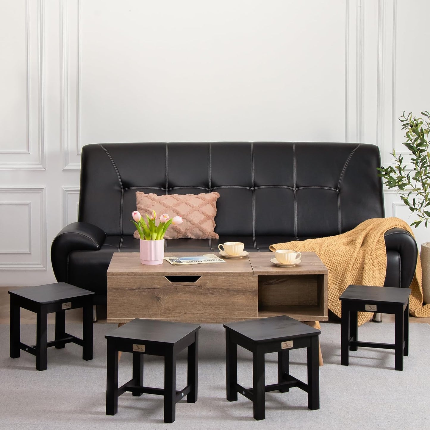 12 Inch Wooden Black Step Stool, Small Nature Beach Chair Under Desk, Indoor Acacia Wood Short Footstool for Living Room, Kitchen, Bathroom