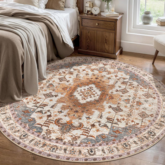 Tangsoo Vintage Round Rug 5ft Washable Circle Rug, Non Slip Boho Round Area Rug, Low Pile Circular Rugs, Round Carpet for Bedroom,Livingroom,Nursery,Dorm,Office,Turmeric
