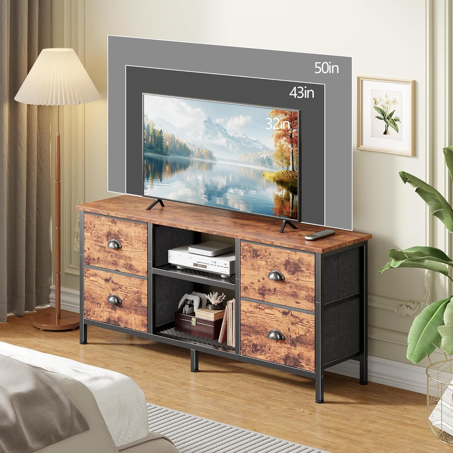 Furologee TV Stand with 4 Drawers, 43 Inch Entertainment Center with Open Shelves, Media Console Table for 50" TV, Television Stand for Bedroom, Living Room/Rustic Brown