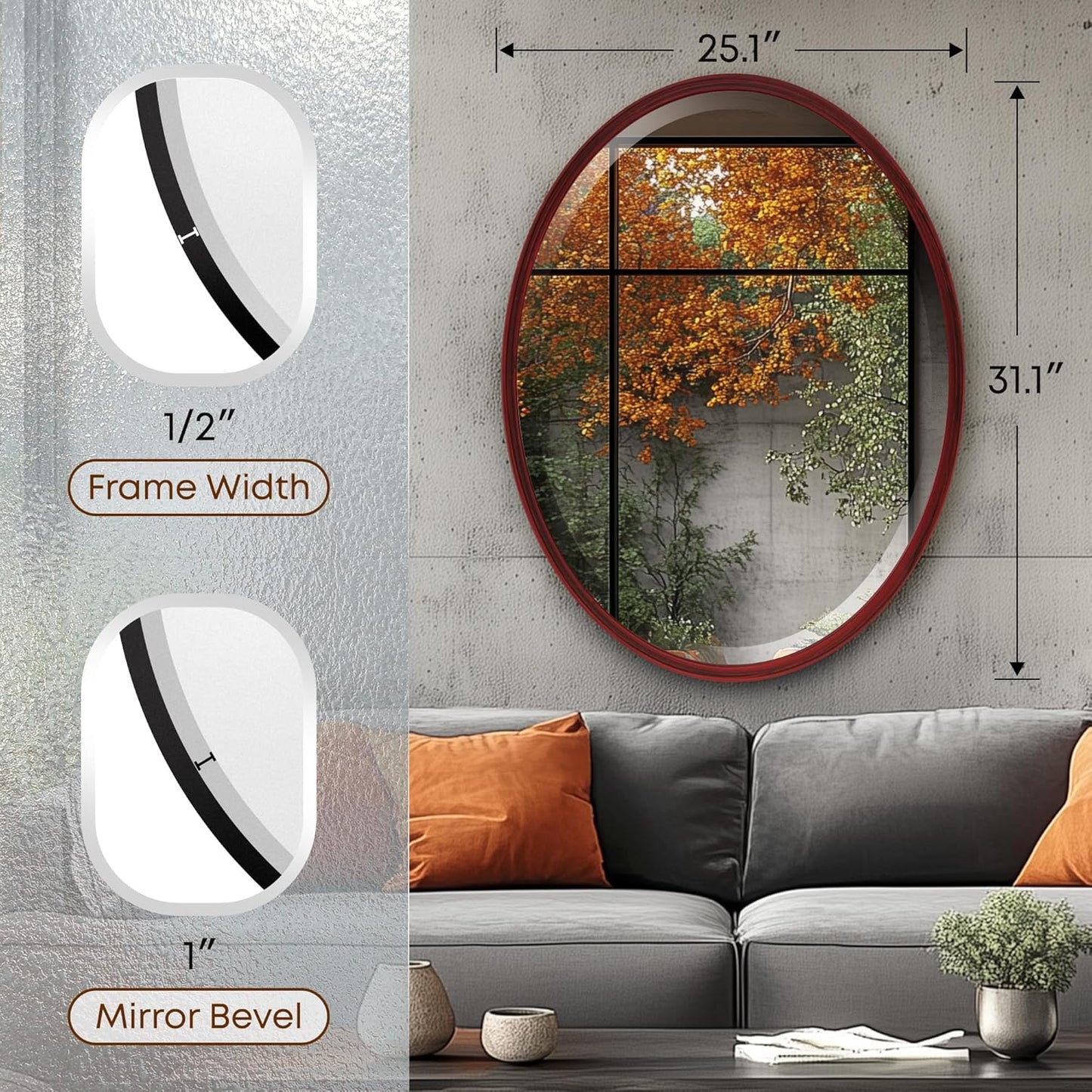 OVALCREST - Oval Wooden Beveled Wall Mirror for Home Decor, Bathroom, Vanity, Bedroom, Living Room, Hallway - London Style (Black Cherry) 25.1 x 31.1