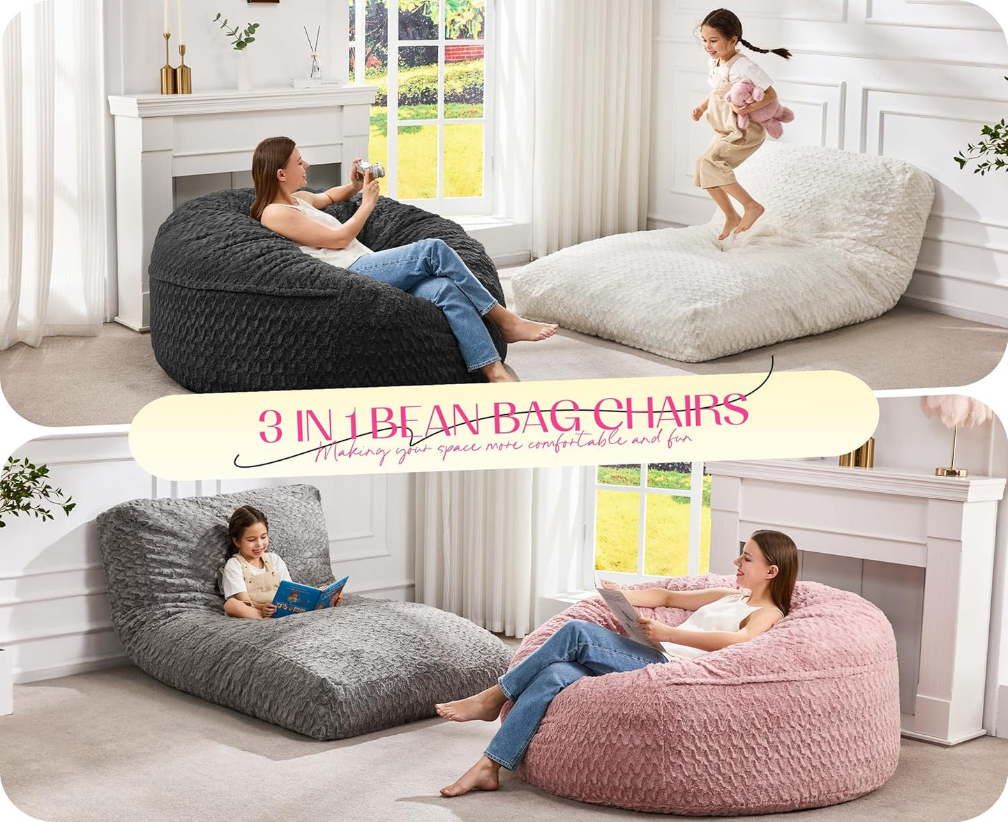 Hobestluk Bean Bag Chair Convertible Beanbag Chairs for Adults, 3 in 1 Bean Bags with Plush Chevron Cover, Adult Bean Bag Chair for Living Room, Bedroom (Grey, Full)