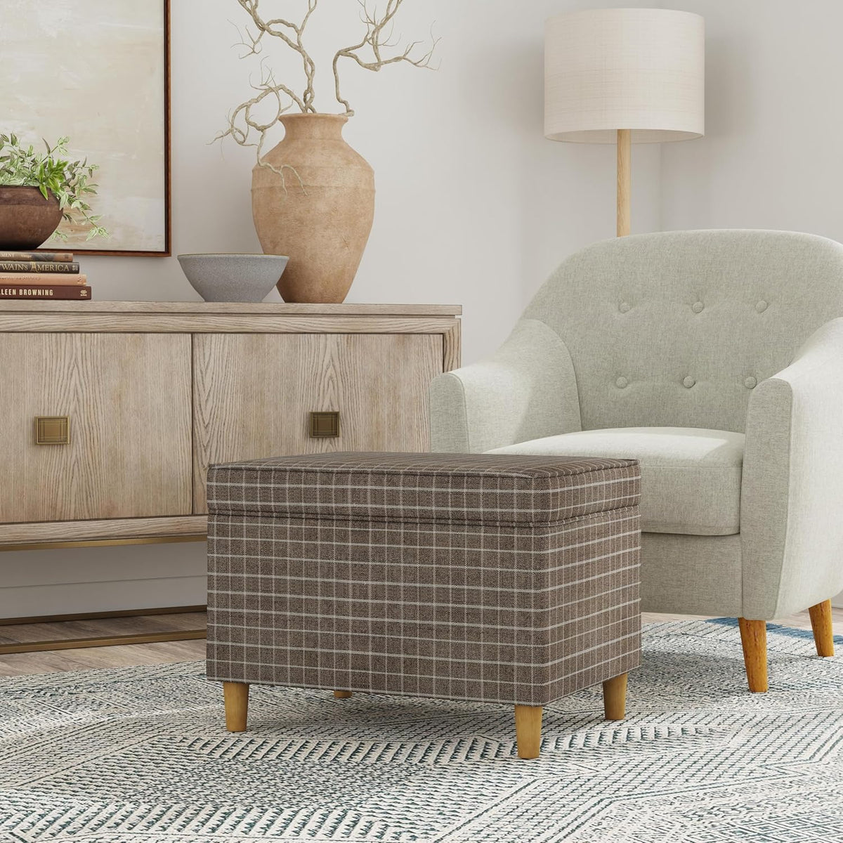Home Decor | Dinah Collection Modern Storage Ottoman | Ottoman with Storage for Living Room & Bedroom(Brown Windowpane Fabric)