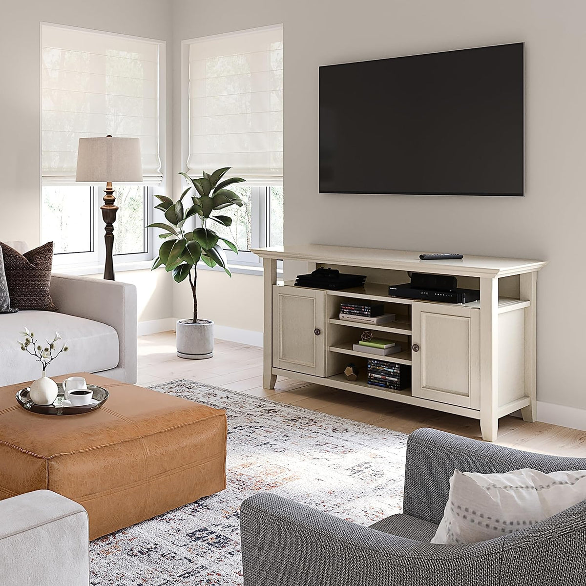 SIMPLIHOME Amherst 54-inch Wide Solid Wood TV Stand in Antique White, Transitional-Style Media Console for Living Room with Adjustable Shelves and Cable Management