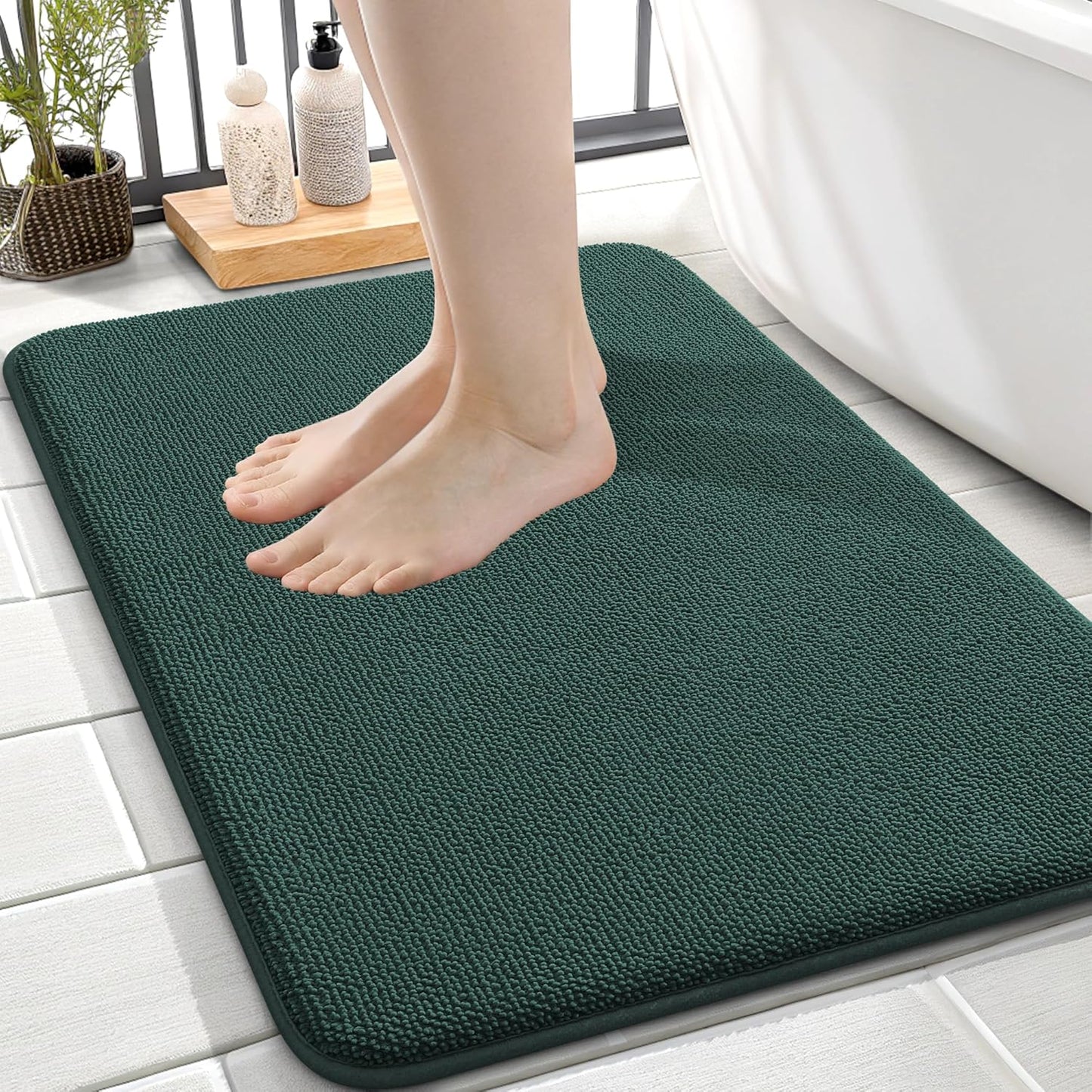 OLANLY Thick Memory Foam Bath Mat Rug 24x16, Extra Soft Absorbent Bathroom Rug, Quick Dry Bath Mats, Non-Slip, Washable Carpet for Bathroom, Tub and Shower, Home Decor Accessories, Blackish Green