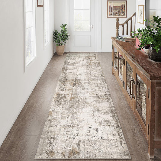 2x12 Washable Runner Rug Brown Grey Neutral Abstract Hallway Kitchen Living Room Bedroom Non Slip Throw Rug Soft Low Pile Indoor Carpet for Entrance Laundry Bathroom