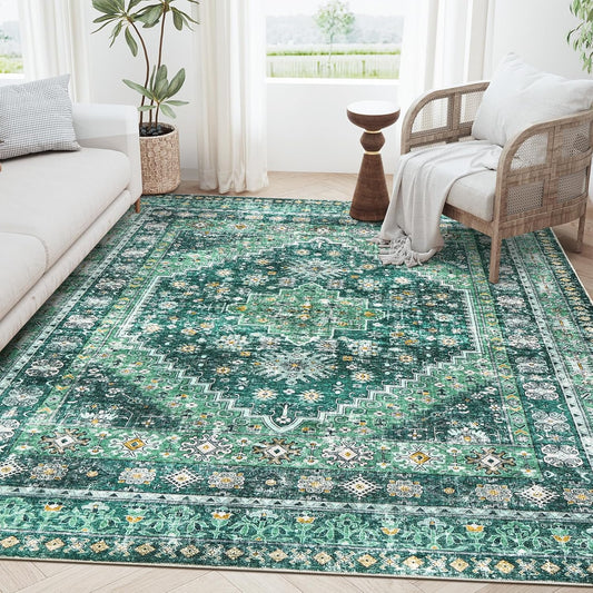zesthome 5x7 Area Rugs - Ultra-Thin Washble Rug, Stain Resistant Anti Slip Backing Rugs for Living Room,Bedroom, Vintage Home Decor Area Rug(Green/Teal,5'x7')