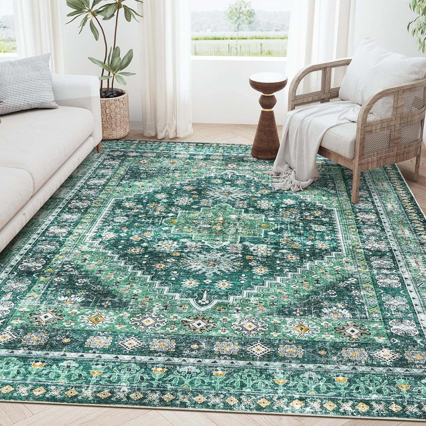 zesthome 6x9 Area Rug, Super Soft Washable Rugs for Living Room, Non-Slip Stain Resistant Vintage Rugs, Ultra-Thin Large Area Rugs(Green/Teal,6'x9')