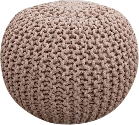 FRELISH DECOR Round Pouf Ottoman Hand Knitted 100% Cotton Pouf Foot Stool - Knitted Bean Bag - Floor Chair for Living Room Bedroom - Foot Rest for Couch (20 Diameter x 14 Height) - Taupe