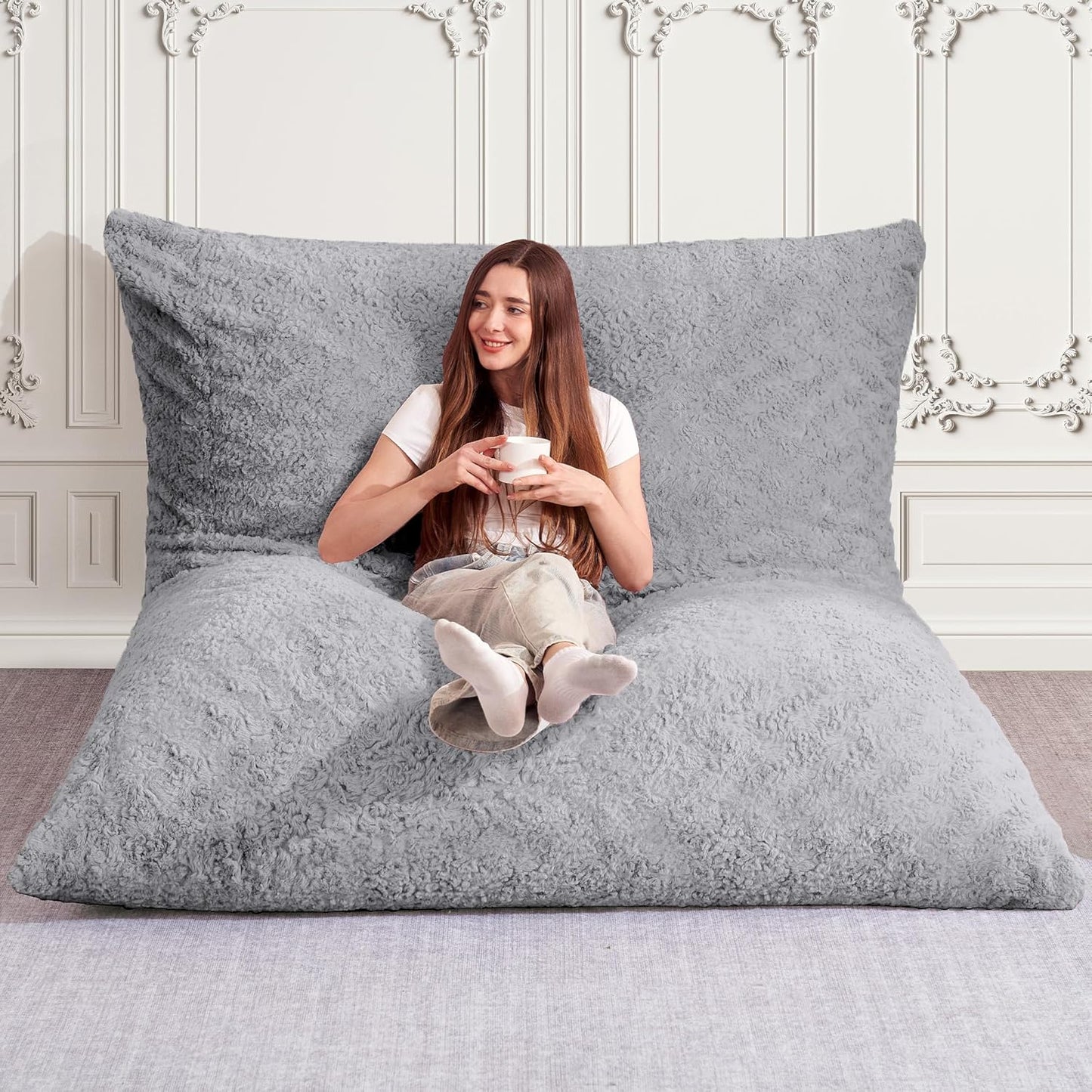 HABUTWAY 4 in 1 Bean Bag Chair, Giant Memory Foam Filling Bean Bag Sofa, Adult Bean Bag Chair, Machine Washable Faux Fur Cover, Bean Bag for Adult (Light Grey)