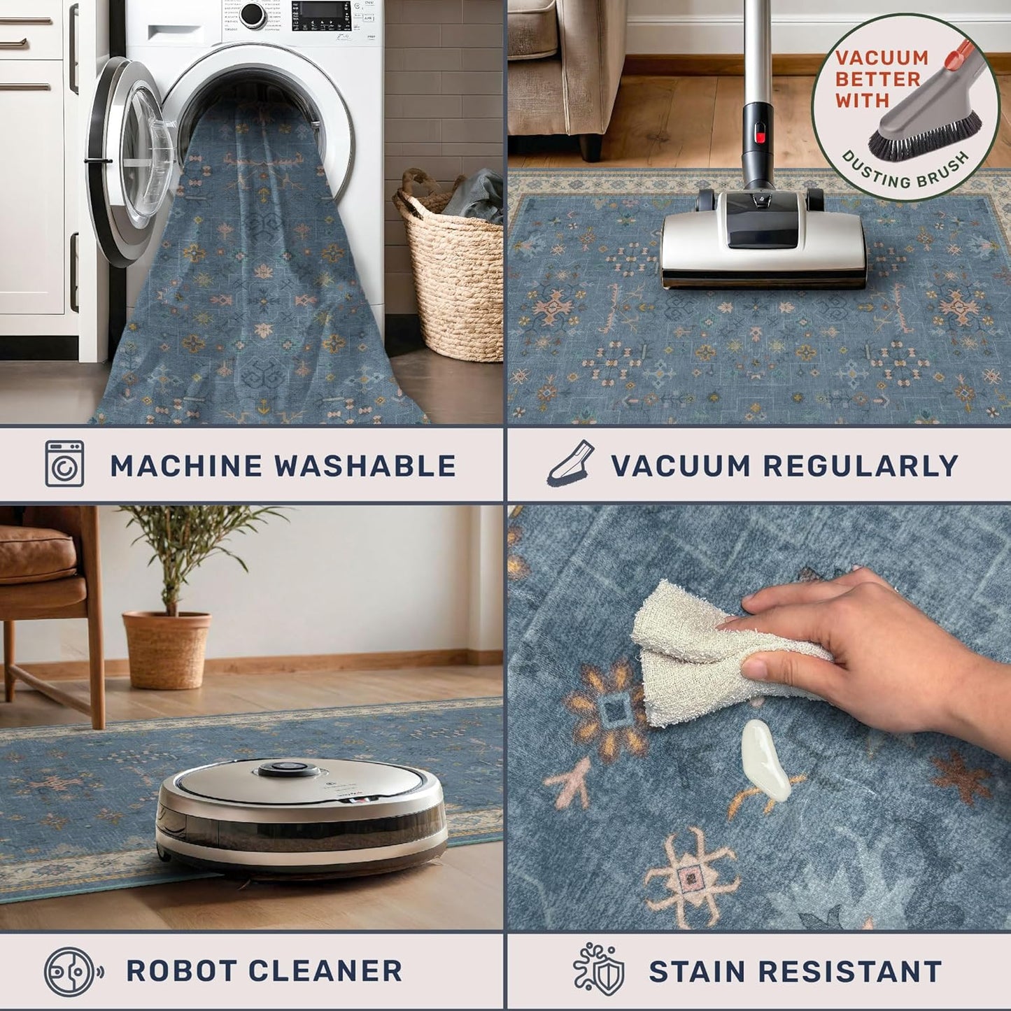 Washable Blue Rugs for Entryway Indoor - 3x4 Throw Rug for Large Kitchen, Bedroom Bedside, Bathroom, Mudroom, Boho Eclectic Modern Décor, Non Slip Low Pile Fade Resistant