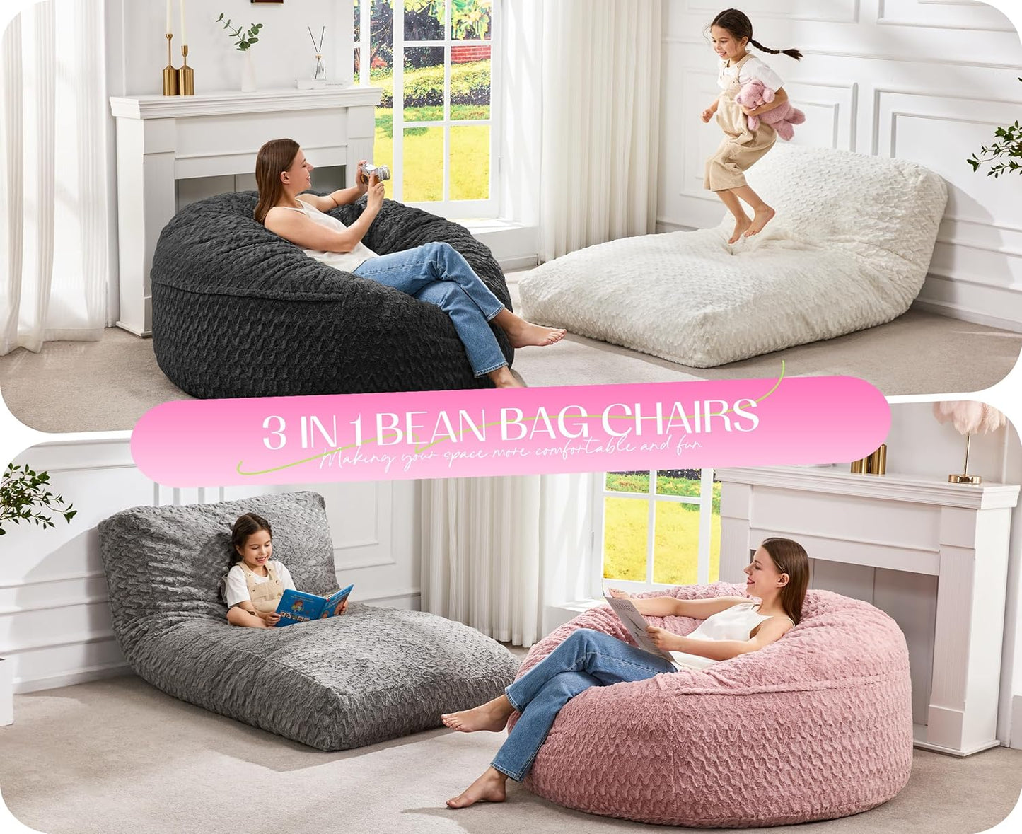 Hobestluk Bean Bag Chair Convertible Beanbag Chairs for Adults, 3 in 1 Bean Bags with Plush Chevron Cover, Adult Bean Bag Chair for Living Room, Bedroom (Pink, Queen)