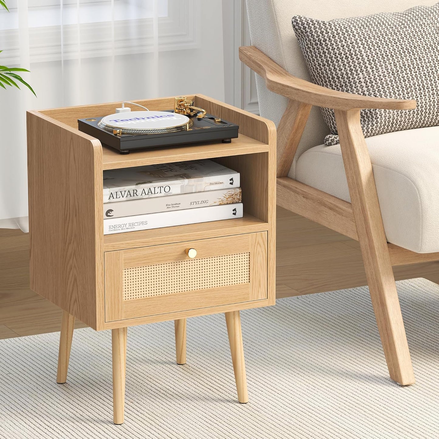 Nightstand Rattan with Charging Station, Mid Century Modern Bed Side Table, Boho End Table with Wood Legs, Bedside Tables for Bedroom Living Room (1, Natural, 11.8" D x 15.9" W x 23.4" H (1 Drawers))