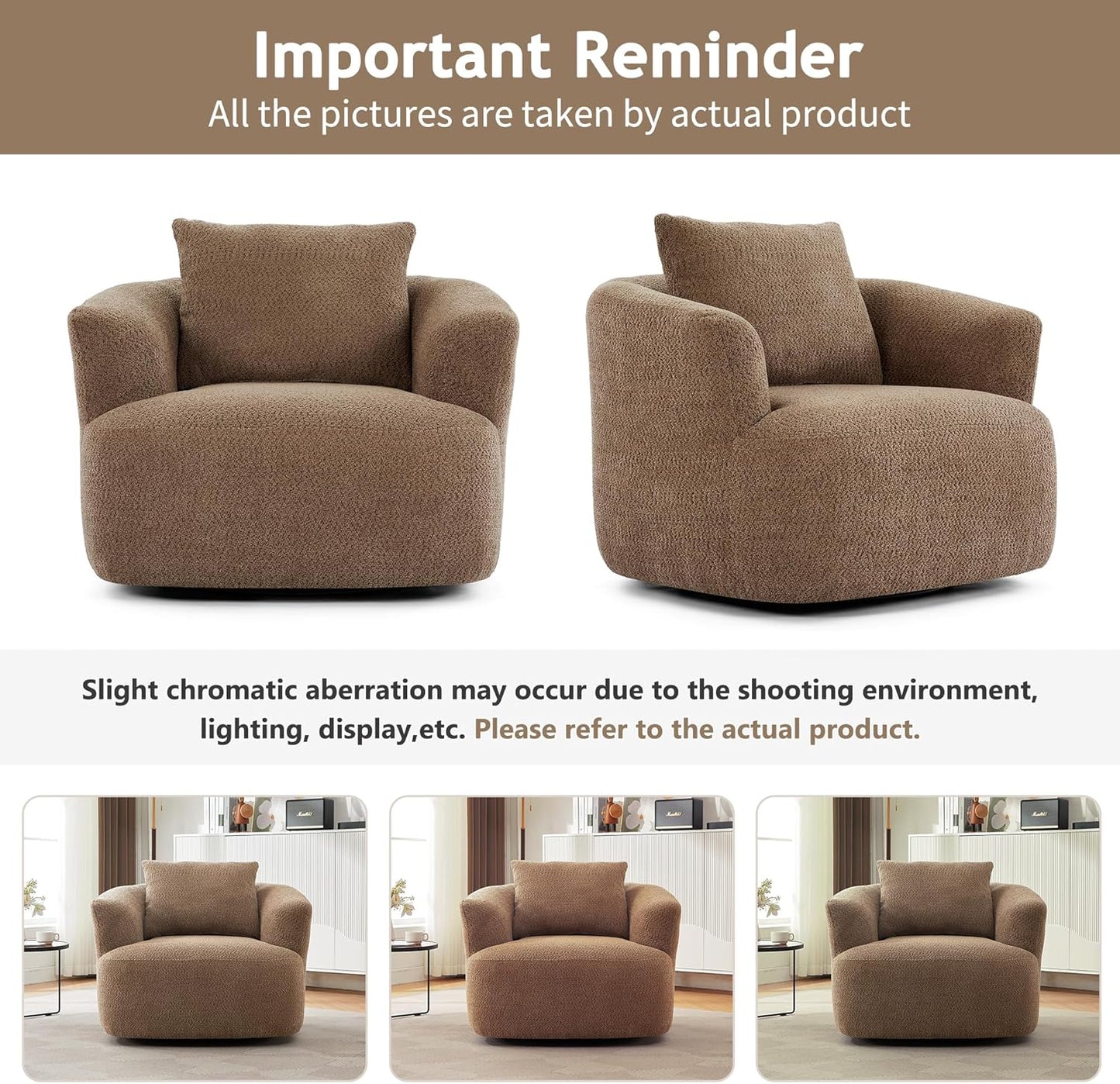 Merax Modern Cozy Chenille 360° Swivel Sofa Chair with a Throw Pillow, 38.2" Upholstered Leisure Barrel Accent Armchair with Deep Seating for Living Room Bedroom,Office, Hotel, Dark Brown