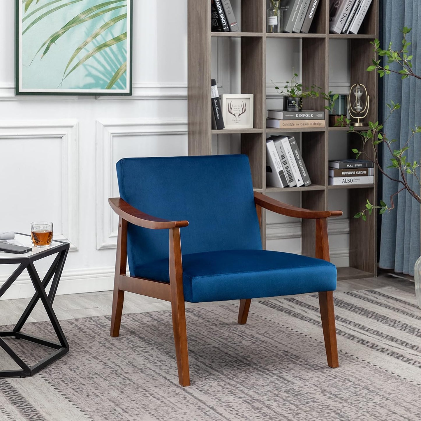 Container Furniture Direct Accent Chair with Velvet Upholstery and Solid Wood Frame, Classic Mid-Century Modern Living Room Furniture for Extra Seating, Dark Blue