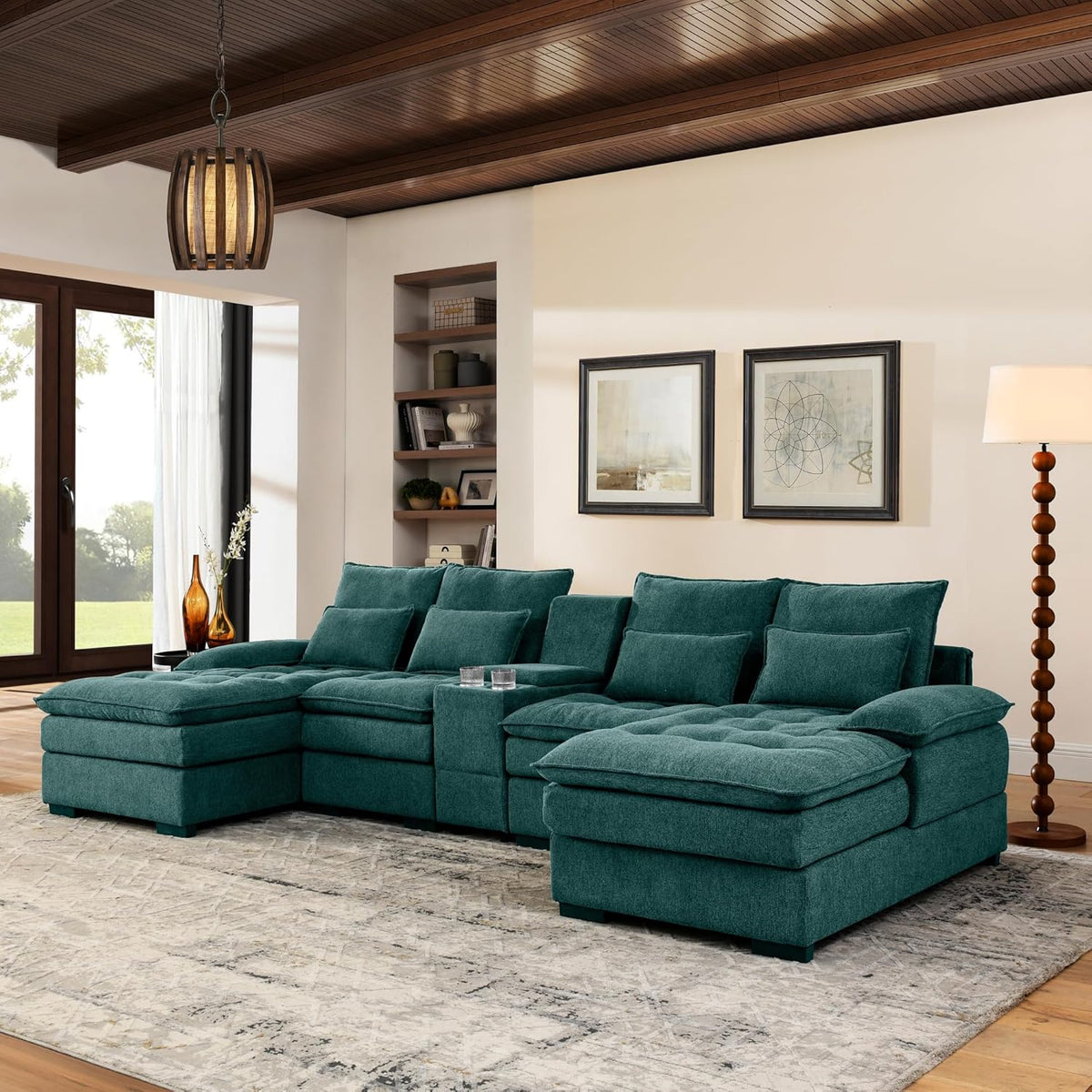 KEIKI 130" U-Shaped 6 seat Sofa with Storage Console, Cup Holders, Upholstered Sectional Sofa, Button Tufted Cloud Cushion Couch for Home, Office, Apartment, Green