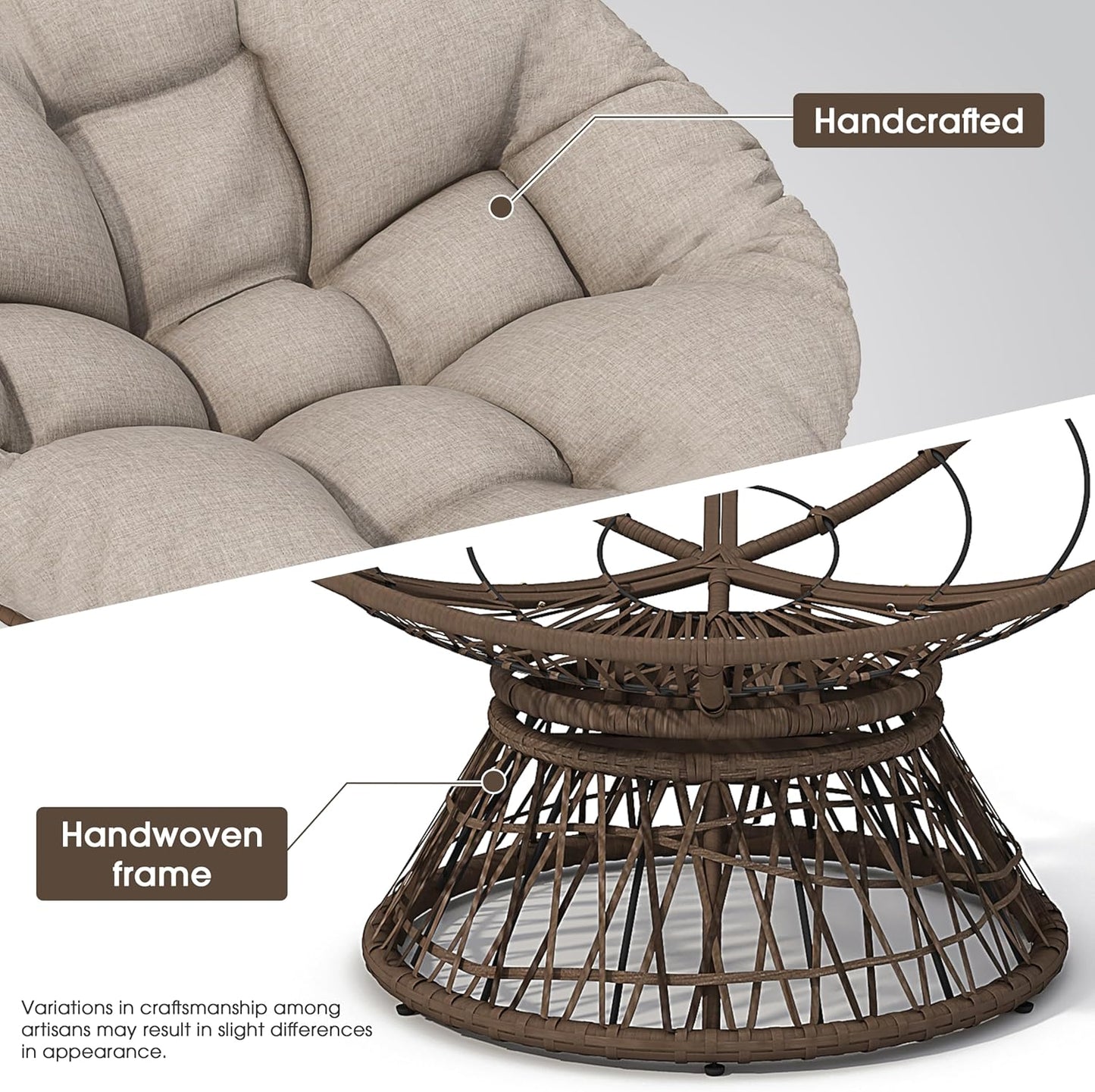 Ball & Cast Ergonomic Wicker Chair with Cloud Thick Density Fabric Cushion,Accent Chair W/ 360 Degree Swivel,Sturdy Metal Frame,Height Adjustable,for Reading,Living Room Bedroom,Lounge,Brown+Beige