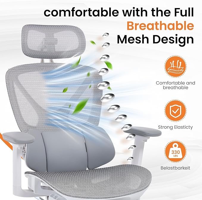 LuxErgo Ergonomic Mesh Office Chair High Back Mesh Computer Executive Desk Chair Home Office Chair with Adjustable Lumbar Support for Office/Gaming/Study, Freely Tilt Lock, Flip-Up Headrest & Armrests