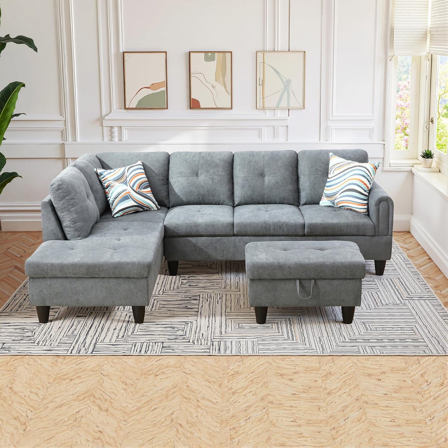 Osparple L Shaped Couch Sectional Couches for Living Room Upholstered Fluffy Fabric 3 Pieces Modular Sectional Sofa with Chaise, Ottoman with Storage for Living Room and Small Apartment, Dark Grey