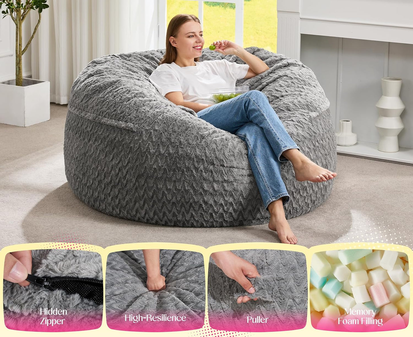 Hobestluk Bean Bag Chair Convertible Beanbag Chairs for Adults, 3 in 1 Bean Bags with Plush Chevron Cover, Adult Bean Bag Chair for Living Room, Bedroom (Grey, Queen)
