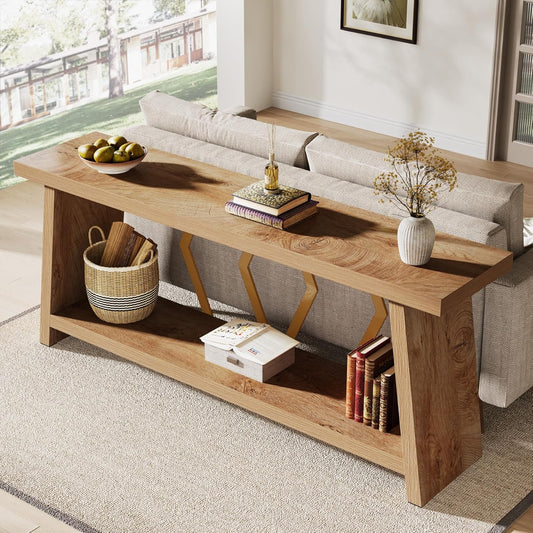 Tribesigns 70.86-Inch Long Sofa Table for Living Room, 2-Tier Narrow Console Table with Storage, Wood Foyer Entryway Couch Table for Hallway, Entrance (Light Oak Brown)
