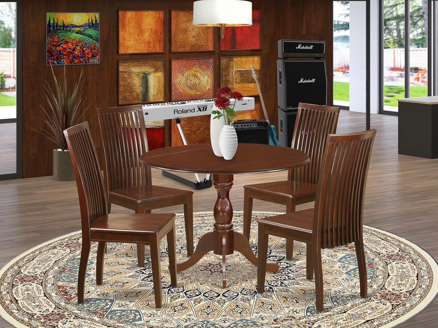 East West Furniture DMIP5-MAH-W 5 Piece Dining Table Set for 4 Includes a Round Kitchen Table with Dropleaf and 4 Kitchen Dining Chairs, 42x42 Inch, Mahogany