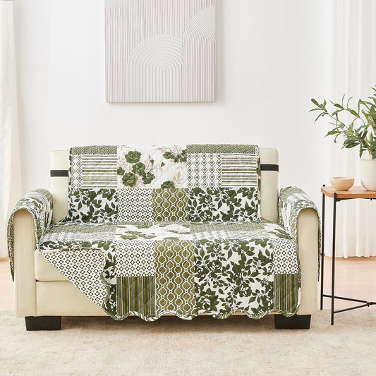 Great Bay Home Reversible Patchwork Loveseat Cover - Washable Slipcover Furniture Protector with Elastic Straps - Couch Cover for Dogs, Kids, and Pets - Box-Stitched Detail (Loveseat, Olive/Brown)