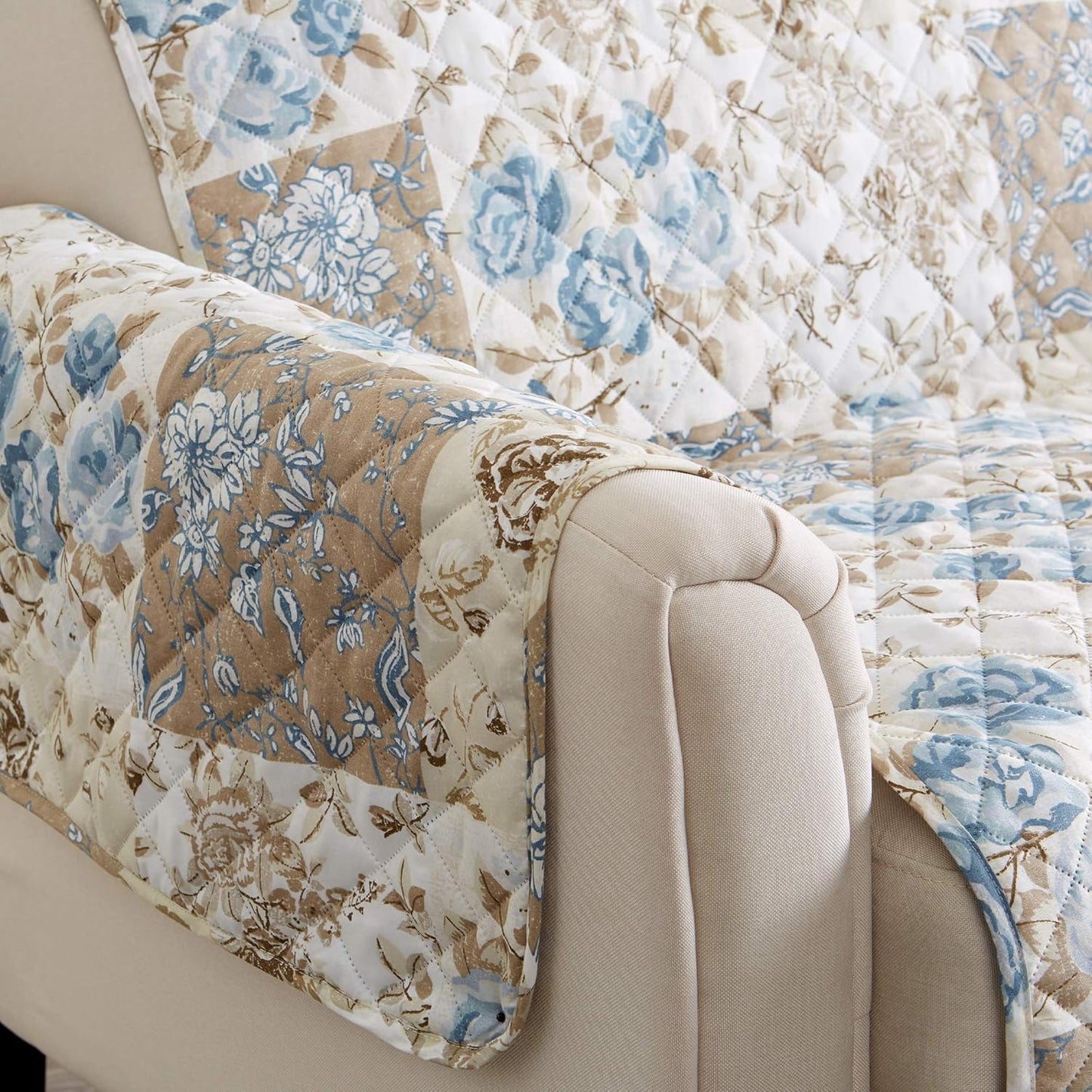 Great Bay Home Reversible Floral Patchwork Furniture Protector Scalloped Edge Stain Resistant Printed Furniture Protector Maribel Collection (Sofa, Taupe/Blue)