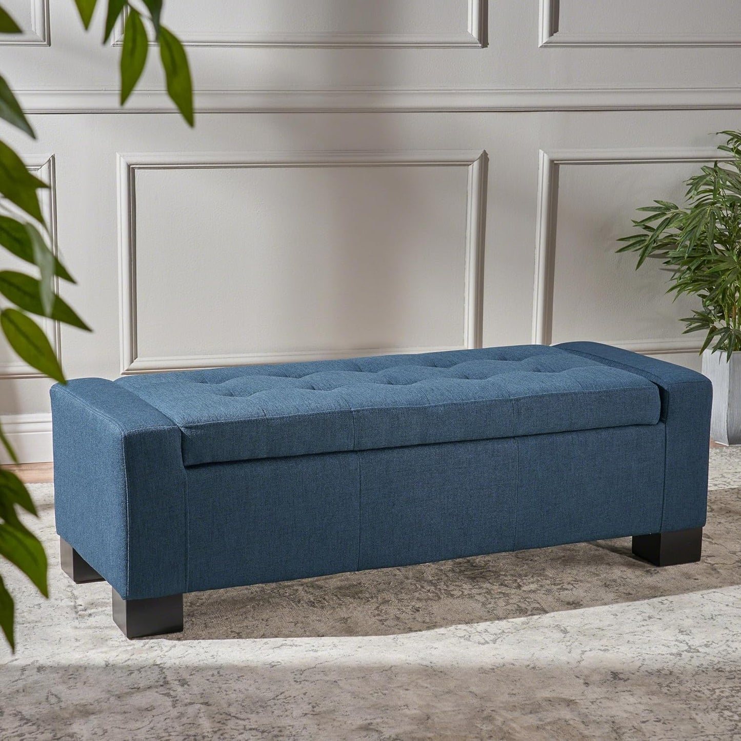 Ball & Cast 50.8" Upholstered Storage Ottoman with Tufted Waffle Stitch,End Bench w/Uses Pressure Hinges and Wood Legs,Entryway Fabric Footrest Stool for Living Room & Bedroom,Light Grey