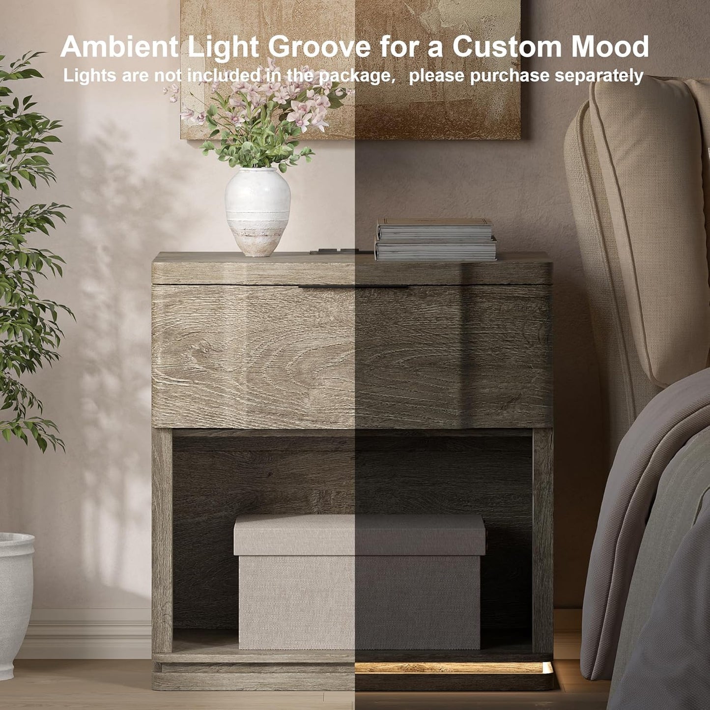 Night Stand with Charging Station, Wooden Mid Century Modern Nightstand with Drawer, Bed Side Table with Storage, Large Rustic Farmhouse End Tables for Bedroom Living Room Office