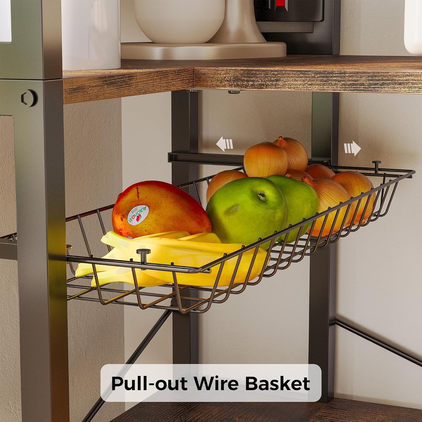 IRONCK Bakers Rack with Power Outlet, 5-Tier Corner Microwave Stand with Storage, Coffee Bar with 6 S-Shaped Hooks, Kitchen Shelves with Wire Basket