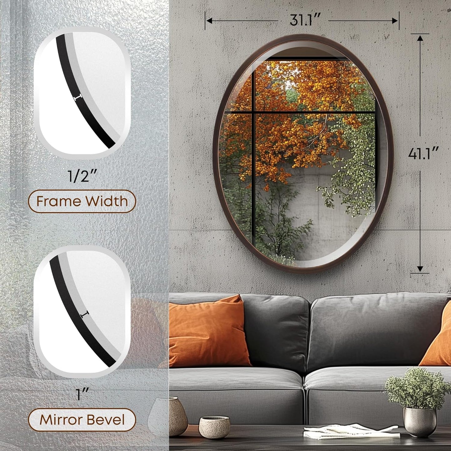 OVALCREST - Oval Wooden Beveled Wall Mirror for Home Decor, Bathroom, Vanity, Bedroom, Living Room, Hallway - London Style (Rubbed Bronze) 31.1 x 41.1